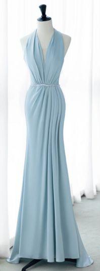French Romantic Mermaid Halter Neck Light Blue Satin With Pearl Belt Elegant Long Prom Dresses,Evening Dresses GG131