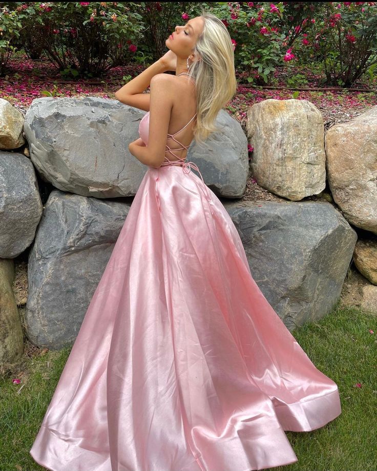 Lovely A Line Spaghetti Straps Pink Satin Backless Long Prom Dress,Evening Dress GG1310