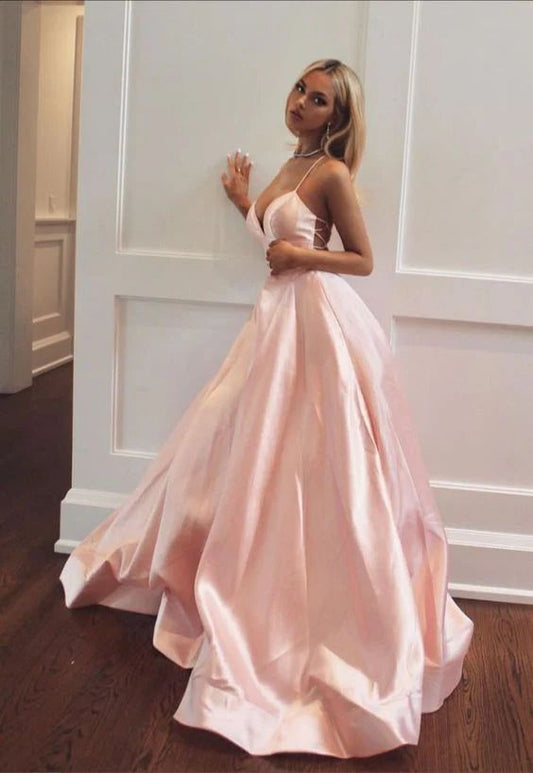 Lovely A Line Spaghetti Straps Pink Satin Backless Long Prom Dress,Evening Dress GG1310