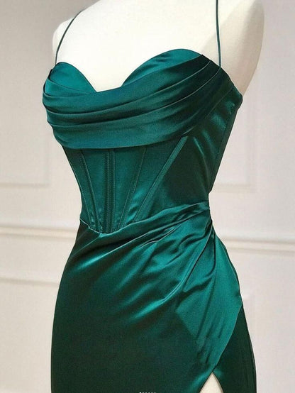 Sexy Mermaid Halter Straps Dark Green Satin Slit Long Prom Dress,Evening Dress GG1313
