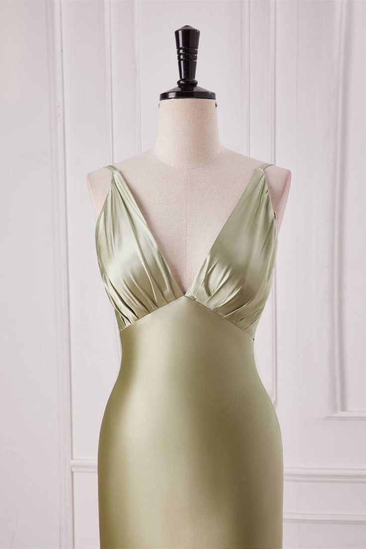 Elegant Mermaid V Neckline Spaghetti Straps Sage Green Silk Long Prom Dresses,Evening Dresses GG132