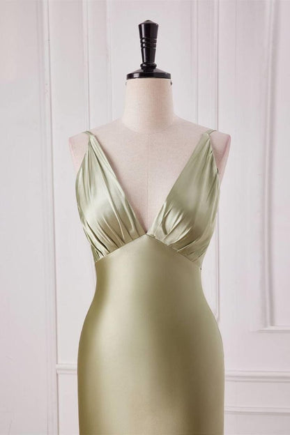 Elegant Mermaid V Neckline Spaghetti Straps Sage Green Silk Long Prom Dresses,Evening Dresses GG132