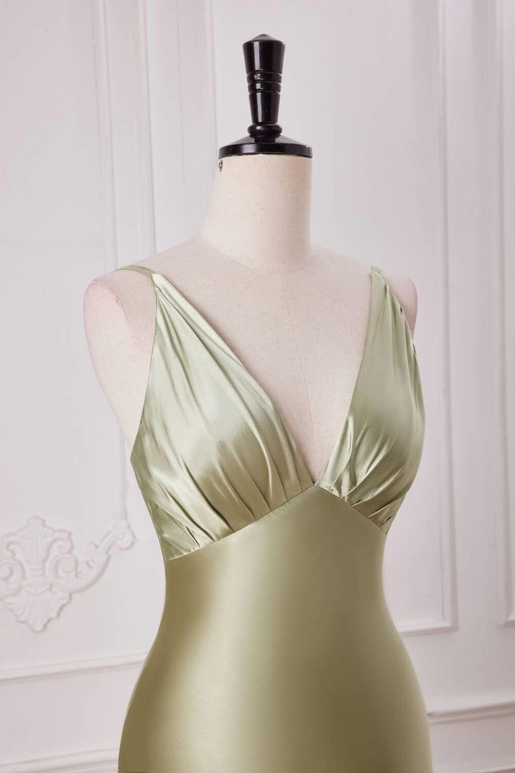 Elegant Mermaid V Neckline Spaghetti Straps Sage Green Silk Long Prom Dresses,Evening Dresses GG132