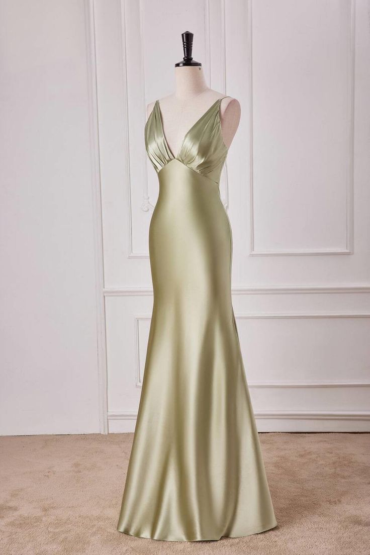 Elegant Mermaid V Neckline Spaghetti Straps Sage Green Silk Long Prom Dresses,Evening Dresses GG132