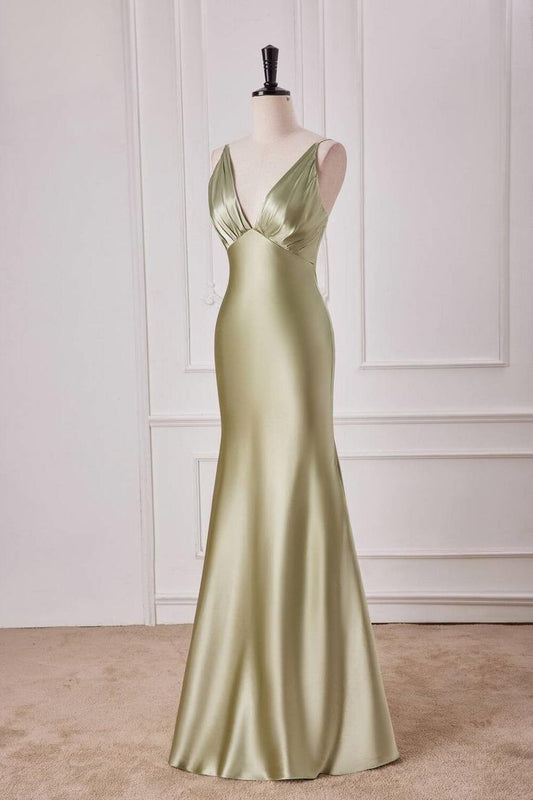 Elegant Mermaid V Neckline Spaghetti Straps Sage Green Silk Long Prom Dresses,Evening Dresses GG132
