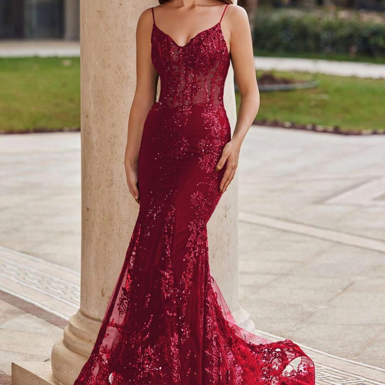 Gorgeous Mermaid Spaghetti Straps Burgundy Tulle Applique Sequin Beaded Long Prom Dress,Evening Dress GG1324