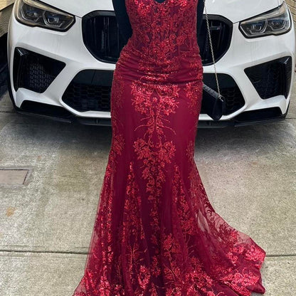 Gorgeous Mermaid Spaghetti Straps Burgundy Tulle Applique Sequin Beaded Long Prom Dress,Evening Dress GG1324
