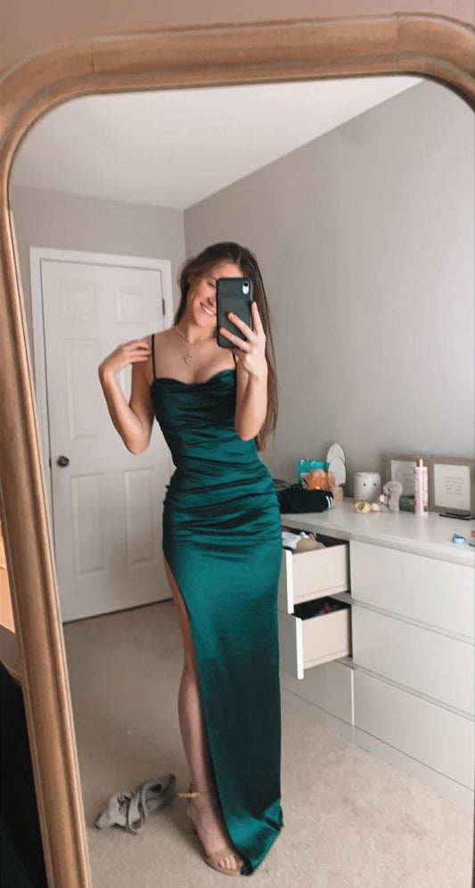 Elegant Mermaid Spaghetti Straps Teal Satin Pleated Slit Long Prom Dress,Evening Dress GG1325