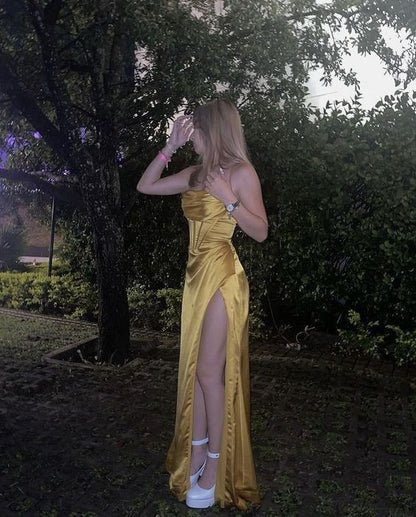 Elegant Mermaid Spaghetti Straps Yellow Satin Pleated Slit Long Prom Dress,Evening Dress GG1326