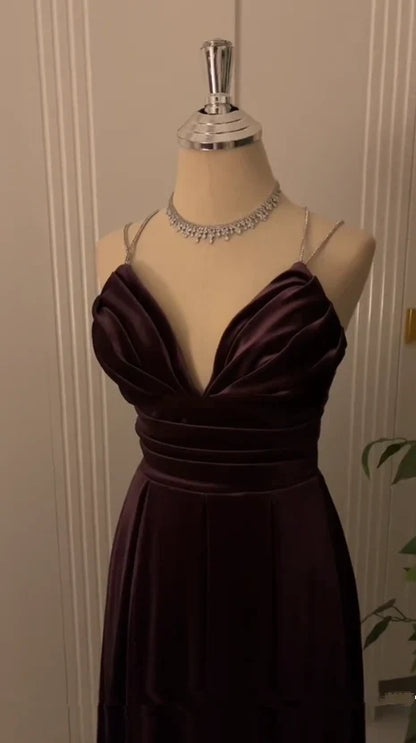 Elegant A Line Beaded Spaghetti Straps Navy Blue Velvet Long Prom Dress,Evening Dress GG1327