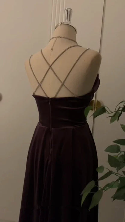 Elegant A Line Beaded Spaghetti Straps Navy Blue Velvet Long Prom Dress,Evening Dress GG1327