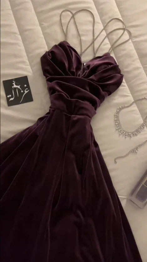 Elegant A Line Beaded Spaghetti Straps Navy Blue Velvet Long Prom Dress,Evening Dress GG1327