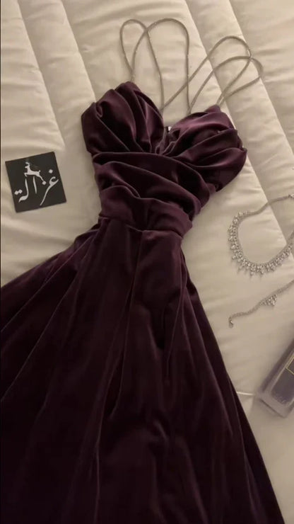 Elegant A Line Beaded Spaghetti Straps Navy Blue Velvet Long Prom Dress,Evening Dress GG1327