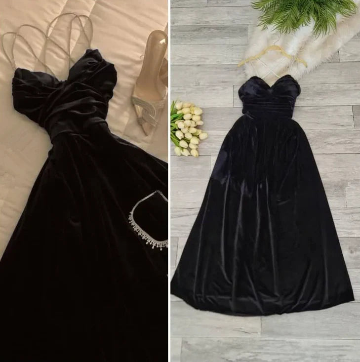 Elegant A Line Beaded Spaghetti Straps Navy Blue Velvet Long Prom Dress,Evening Dress GG1327