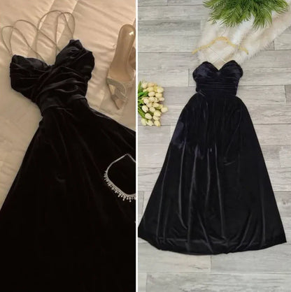 Elegant A Line Beaded Spaghetti Straps Navy Blue Velvet Long Prom Dress,Evening Dress GG1327