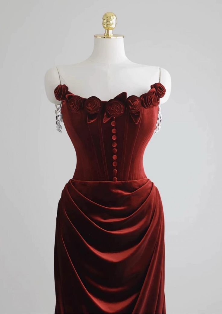 Sexy A Line Spaghetti Straps Red Velvet  Long  Floral Prom Dresses,Evening Dresses GG133