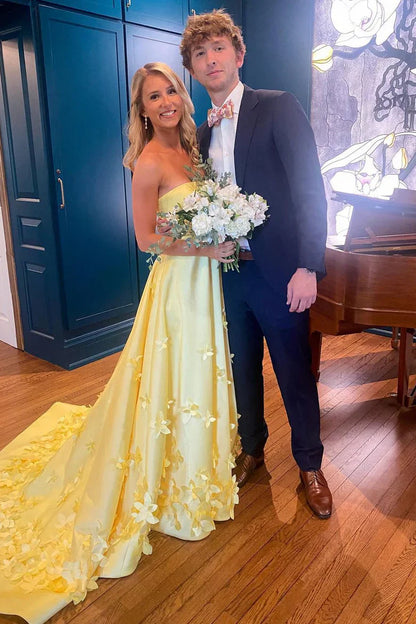 Graceful A Line Strapless Yellow Satin Applique Sweep Long Prom Dress,Evening Dress GG1334