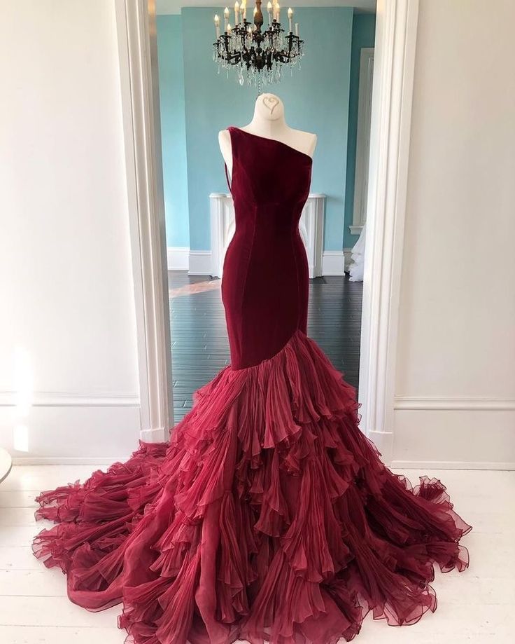 Glamorous Mermaid One Shoulder Burgundy Velvet With Tulle Hem Long Prom Dress,Evening Dress GG1337