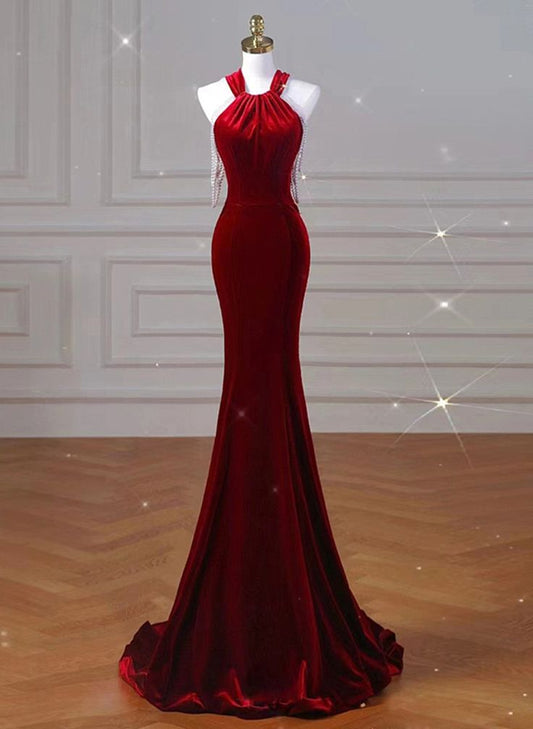New Mermaid Halter Backless Velvet Bow Tie Pearl Long Prom Dress, Evening Dresses GG134