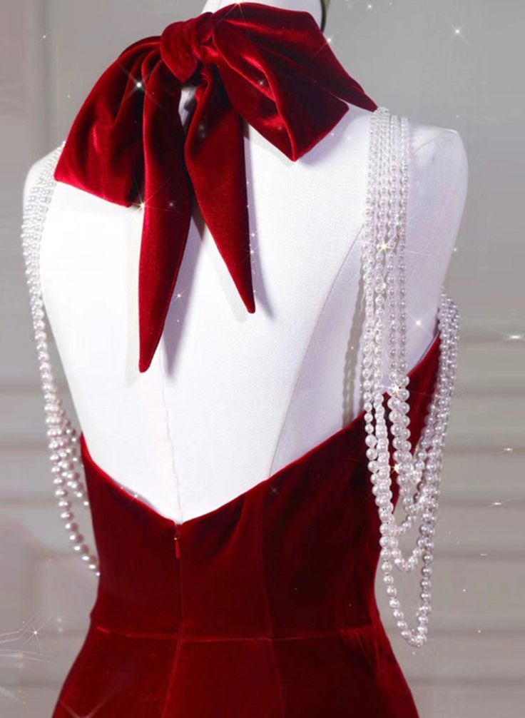 New Mermaid Halter Backless Velvet Bow Tie Pearl Long Prom Dress, Evening Dresses GG134