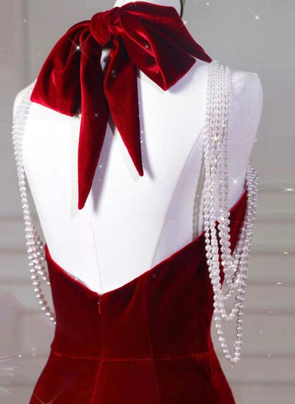 New Mermaid Halter Backless Velvet Bow Tie Pearl Long Prom Dress, Evening Dresses GG134