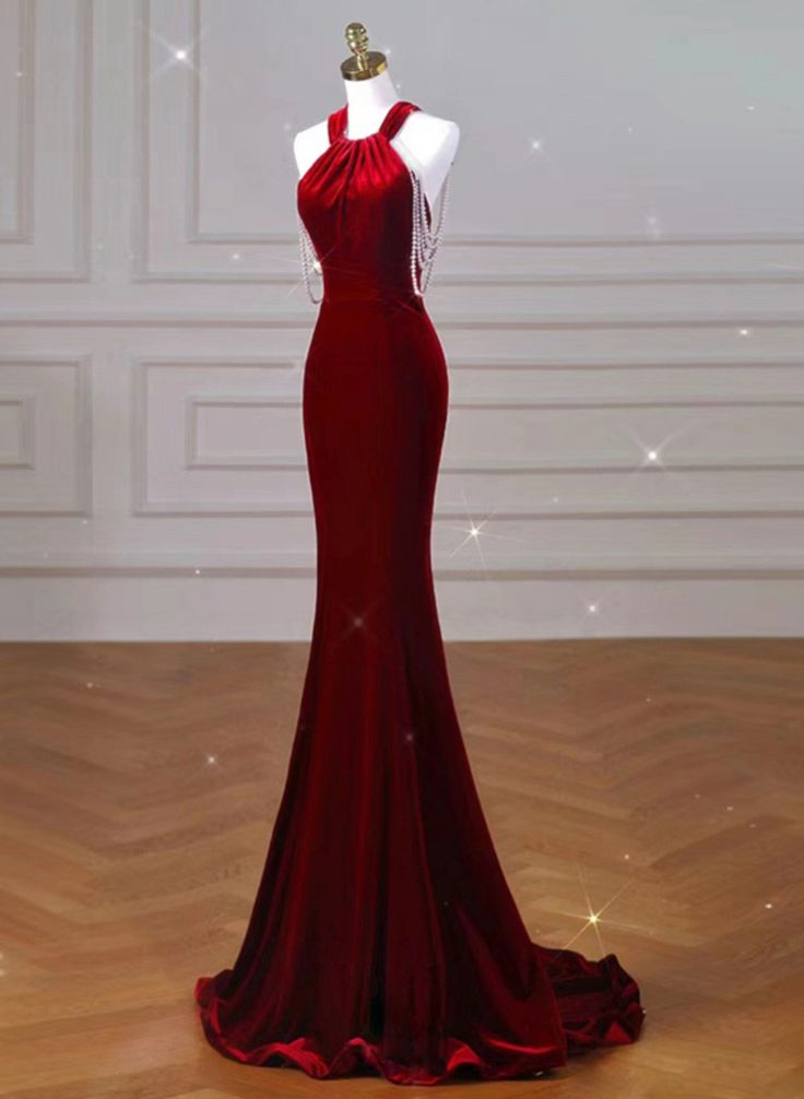New Mermaid Halter Backless Velvet Bow Tie Pearl Long Prom Dress, Evening Dresses GG134