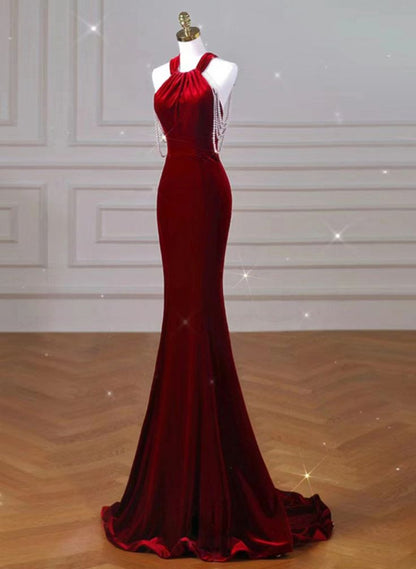 New Mermaid Halter Backless Velvet Bow Tie Pearl Long Prom Dress, Evening Dresses GG134