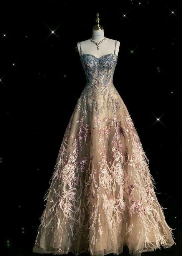 Glamorous A Line Spaghetti Straps Tulle Applique Feather Long Prom Dress,Evening Dress GG1346