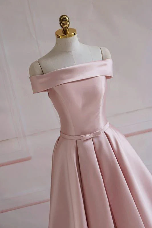 Simple A Line Off The Shoulder Pink Sain Long Prom Dress, Bridesmaid Dress,Evening Dress GG1347