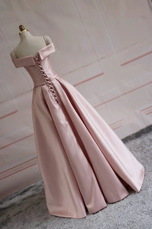 Simple A Line Off The Shoulder Pink Sain Long Prom Dress, Bridesmaid Dress,Evening Dress GG1347