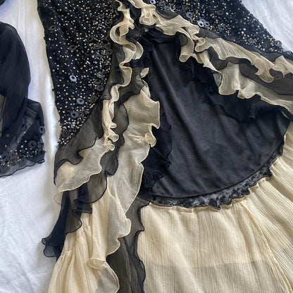 Shiny A Line Black Tulle Ruffle Sequin Beaded Irregular Hem Long Prom Dress,Evening Dress GG1351