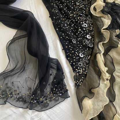 Shiny A Line Black Tulle Ruffle Sequin Beaded Irregular Hem Long Prom Dress,Evening Dress GG1351