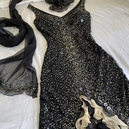 Shiny A Line Black Tulle Ruffle Sequin Beaded Irregular Hem Long Prom Dress,Evening Dress GG1351