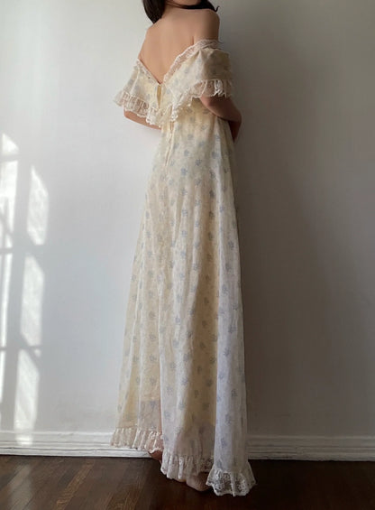 Princessful A Line Off The Shoulder Chiffon Printing Lace Long Prom Dress,Evening Dress GG1364