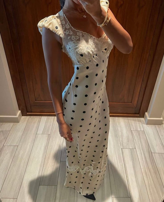 Elegant Mermaid Lace Low Collar Light Ivory Satin Polka Dots Long Prom Dress,Evening Dress GG1368