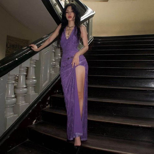 Charming Mermaid V Neck Purple Satin Slit Long Prom Dress,Evening Dress GG1376