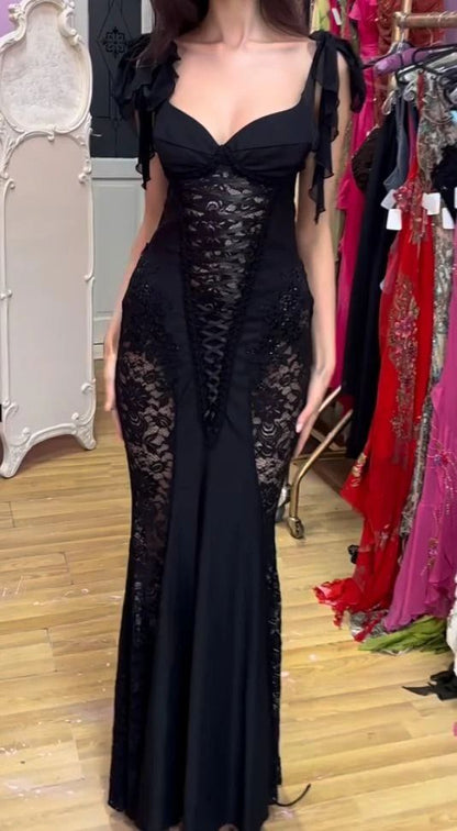 Sexy Mermaid Bow Chiffon Straps Black Lace Long Prom Dress,Evening Dress GG1377