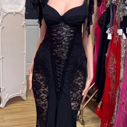 Sexy Mermaid Bow Chiffon Straps Black Lace Long Prom Dress,Evening Dress GG1377