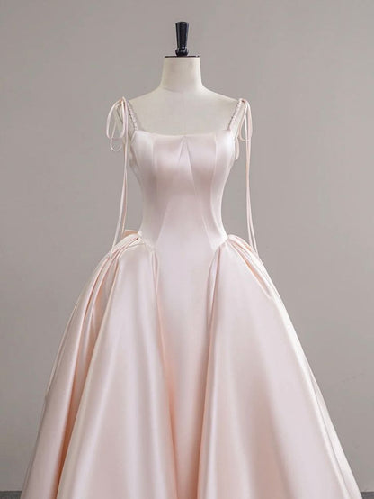 Elegant A-Line Spaghetti Straps Satin Light Pink Back Bow Long Prom Dress, Light Pink Formal Evening Dresses GG138