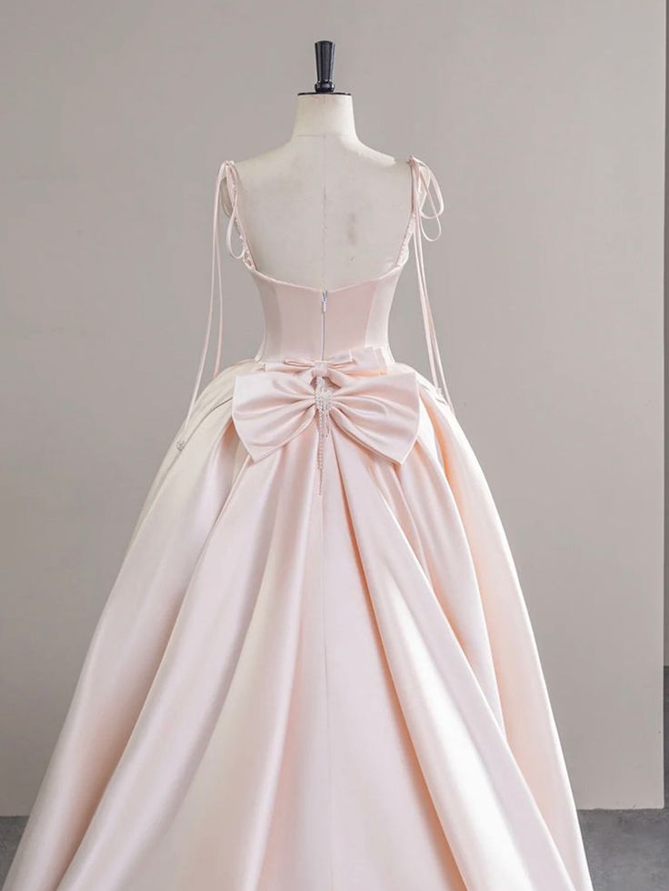 Elegant A-Line Spaghetti Straps Satin Light Pink Back Bow Long Prom Dress, Light Pink Formal Evening Dresses GG138