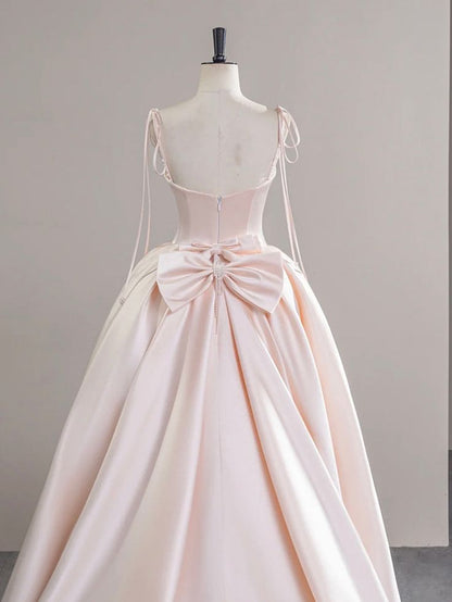 Elegant A-Line Spaghetti Straps Satin Light Pink Back Bow Long Prom Dress, Light Pink Formal Evening Dresses GG138