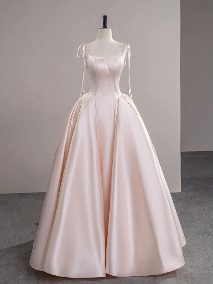 Elegant A-Line Spaghetti Straps Satin Light Pink Back Bow Long Prom Dress, Light Pink Formal Evening Dresses GG138