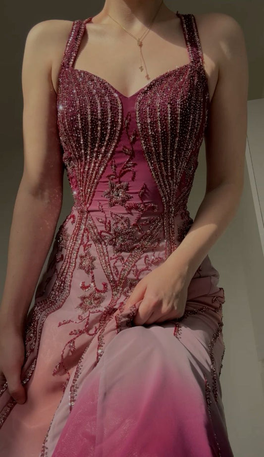 Chic Mermaid Beaded Straps Gradients Chiffon Sequin Beaded Long Prom Dress,Evening Dress GG1382