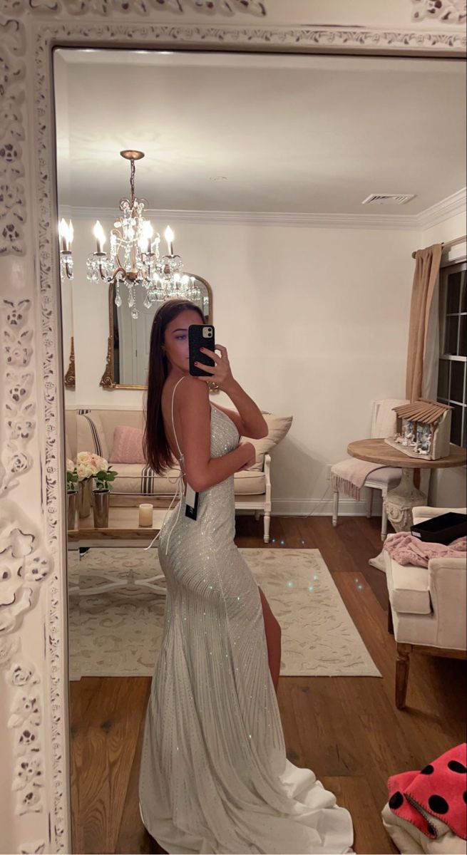 Shiny Mermaid Spaghetti Straps V Neck Light Ivory Chiffon Slit Long Prom Dress,Evening Dress GG1391