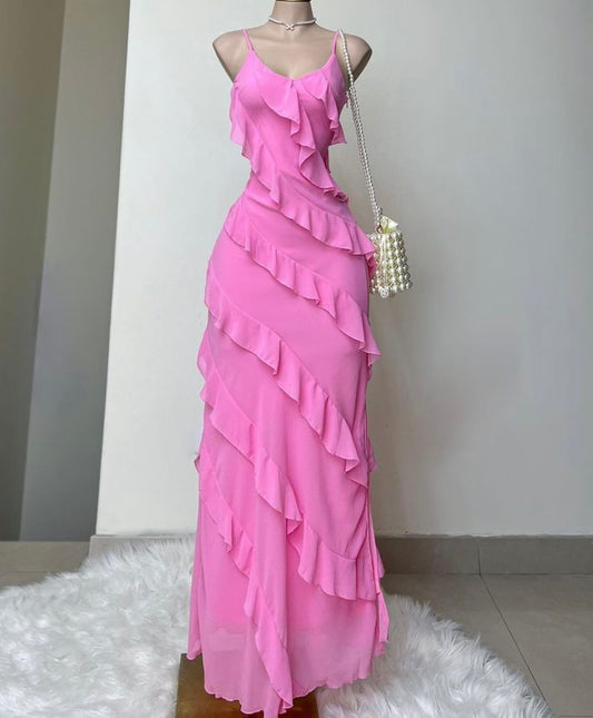 Chic Mermaid Spaghetti Straps Pink Chiffon Ruffle Long Prom Dress,Evening Dress GG1396