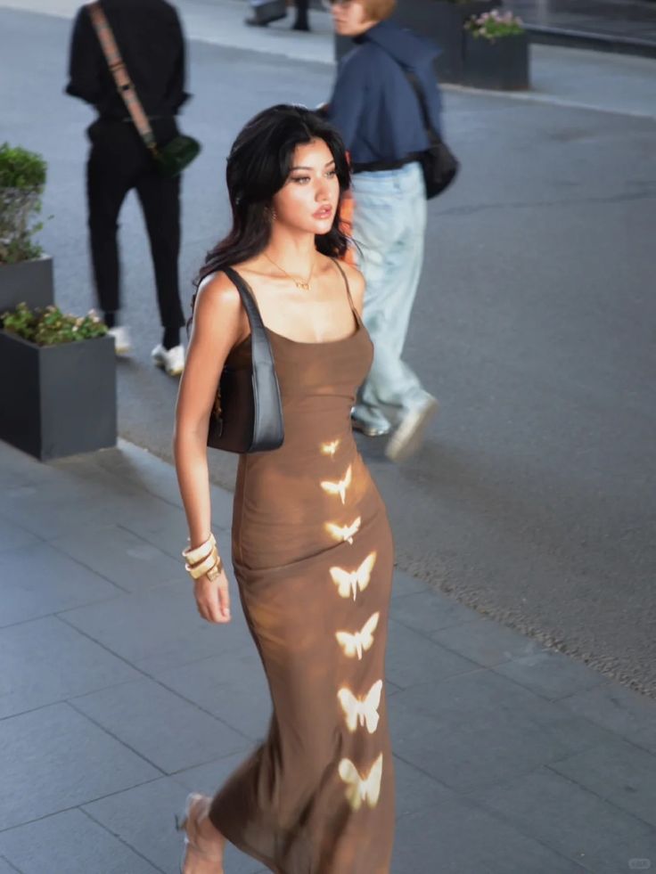 Chic Mermaid Spaghetti Straps Brown Satin Butterfly Printing Long Prom Dress,Evening Dress GG1398