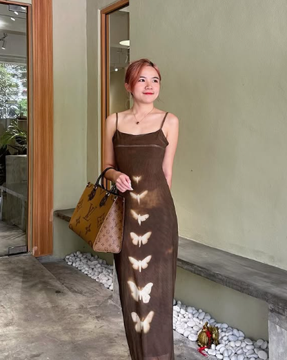 Chic Mermaid Spaghetti Straps Brown Satin Butterfly Printing Long Prom Dress,Evening Dress GG1398