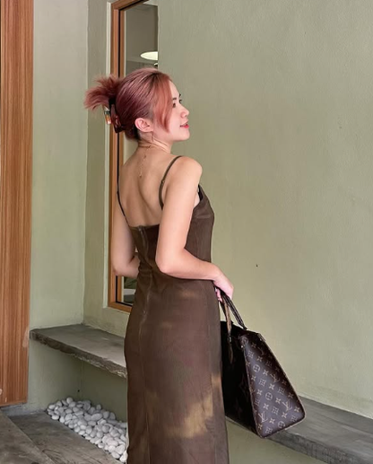 Chic Mermaid Spaghetti Straps Brown Satin Butterfly Printing Long Prom Dress,Evening Dress GG1398