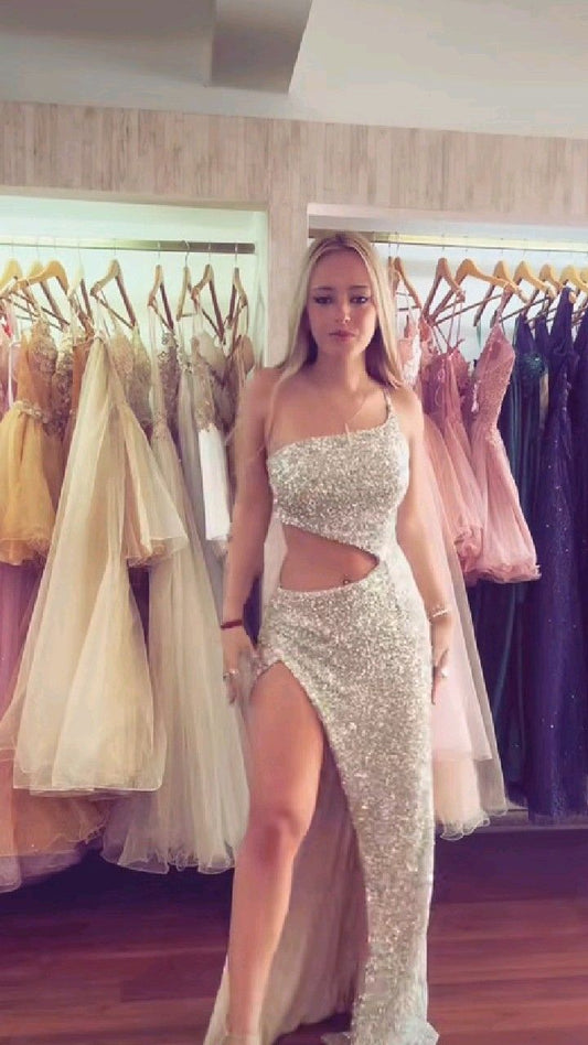 Chic Mermaid One Shoulder Satin Sequin Slit Long Prom Dress,Evening Dress GG1400