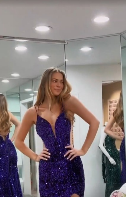 Chic Mermaid Spaghetti Straps Purple Satin Sequin Slit Long Prom Dress,Evening Dress GG1401